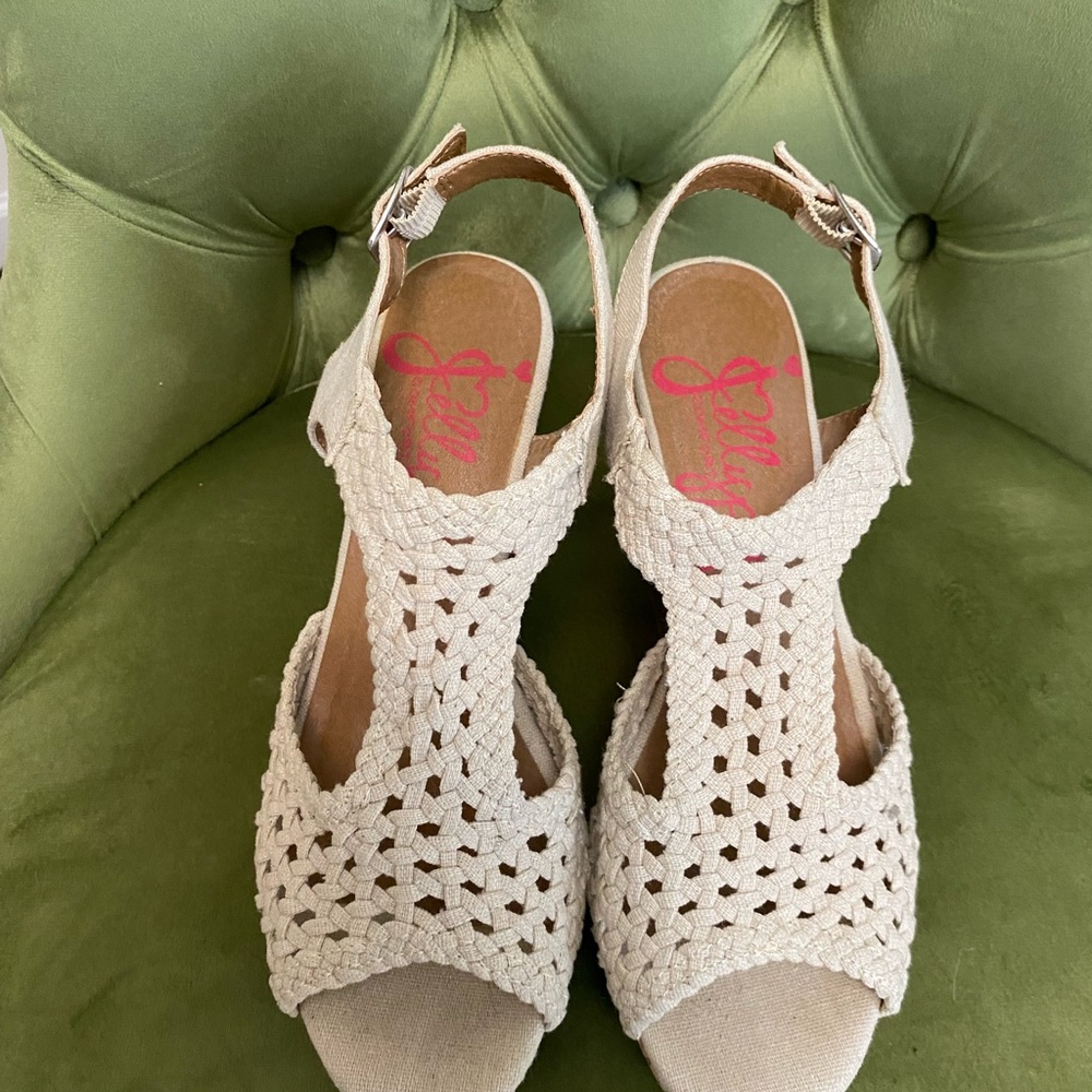 JELLYPOP Auden Comfort Fit Cork Wedge Sandals Beige Crochet Women’s Size 7.5 - Picture 5 of 9